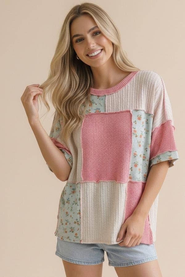 Plus Floral Ribbed Color Block Patchwork Top