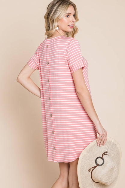 Back Button Striped Jersey Dress