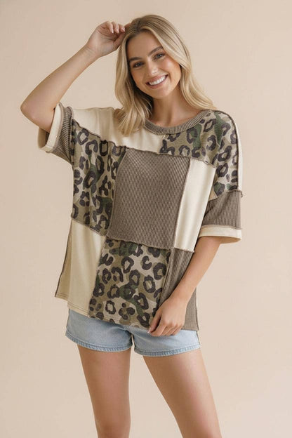 Plus Camo Animal Print Color Block Top