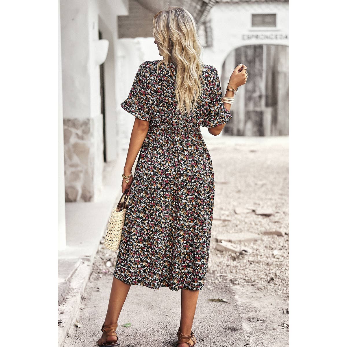 Boho Floral Ruffle Hem V Neck Short Sleeve Dress