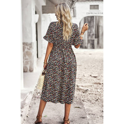 Boho Floral Ruffle Hem V Neck Short Sleeve Dress