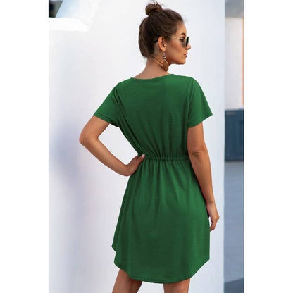 Solid V Neck Button Down Tie Waist Jersey Dress