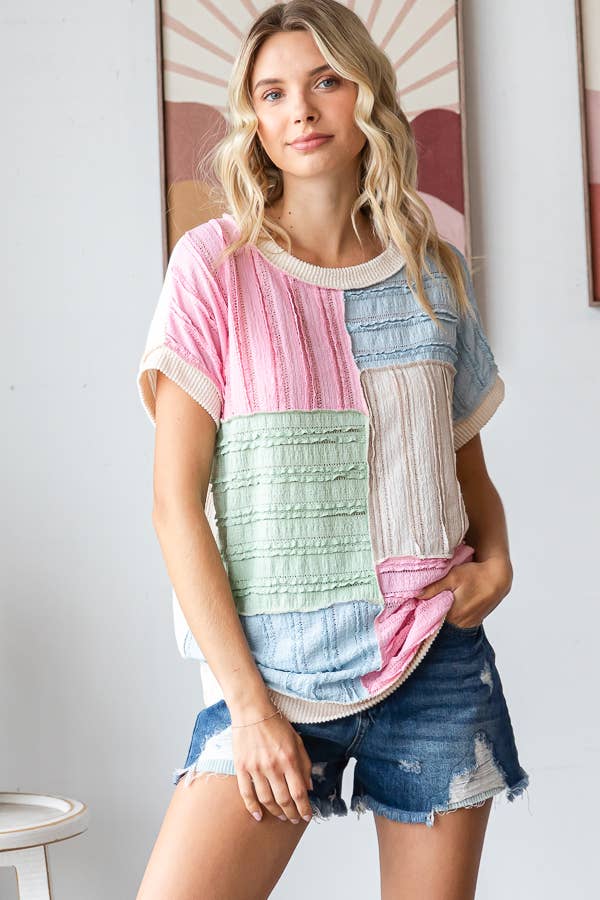 Color Block Textured Patchwork Short Sleeve Top
