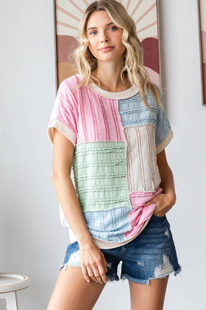 Color Block Textured Patchwork Short Sleeve Top