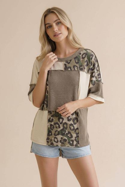 Plus Camo Animal Print Color Block Top