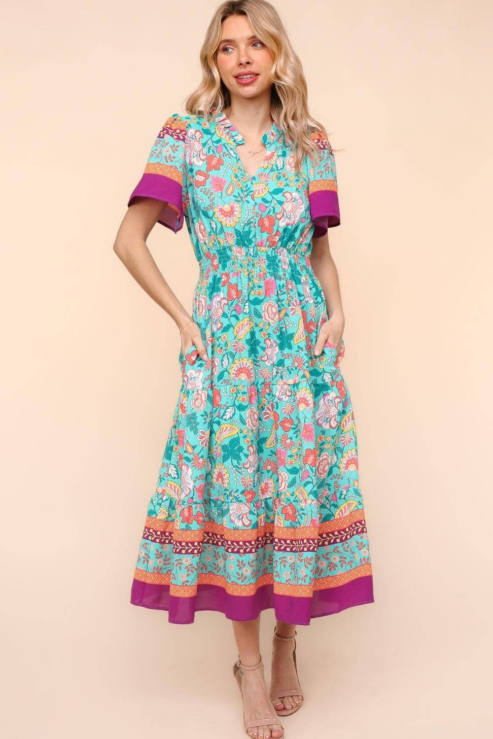 Max Floral Border Print Dress W/side Pockets