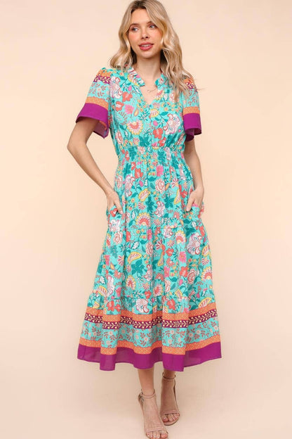 Max Floral Border Print Dress W/side Pockets