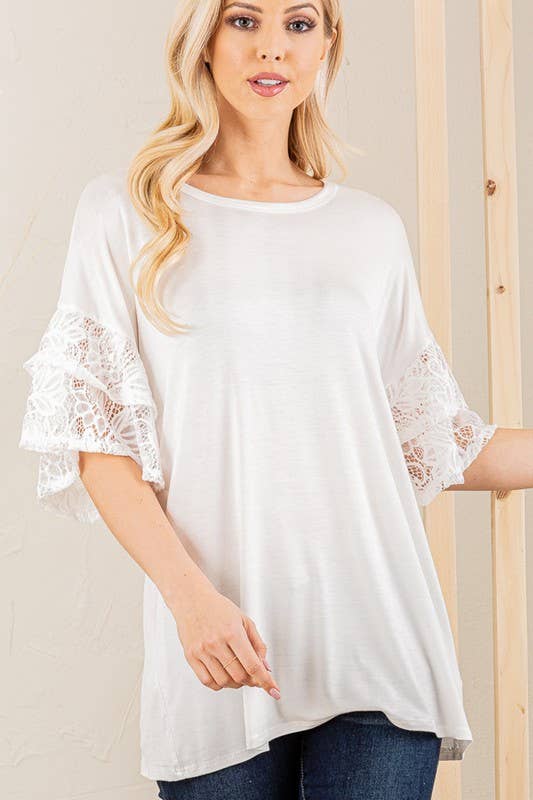 RUFFLED HALF SLEEVE SOLID AND LACE TOP