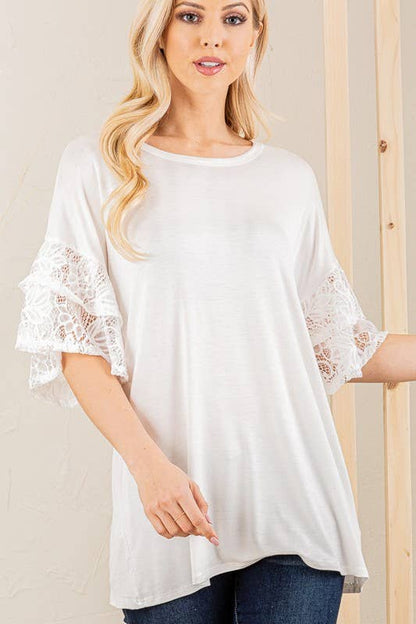 RUFFLED HALF SLEEVE SOLID AND LACE TOP