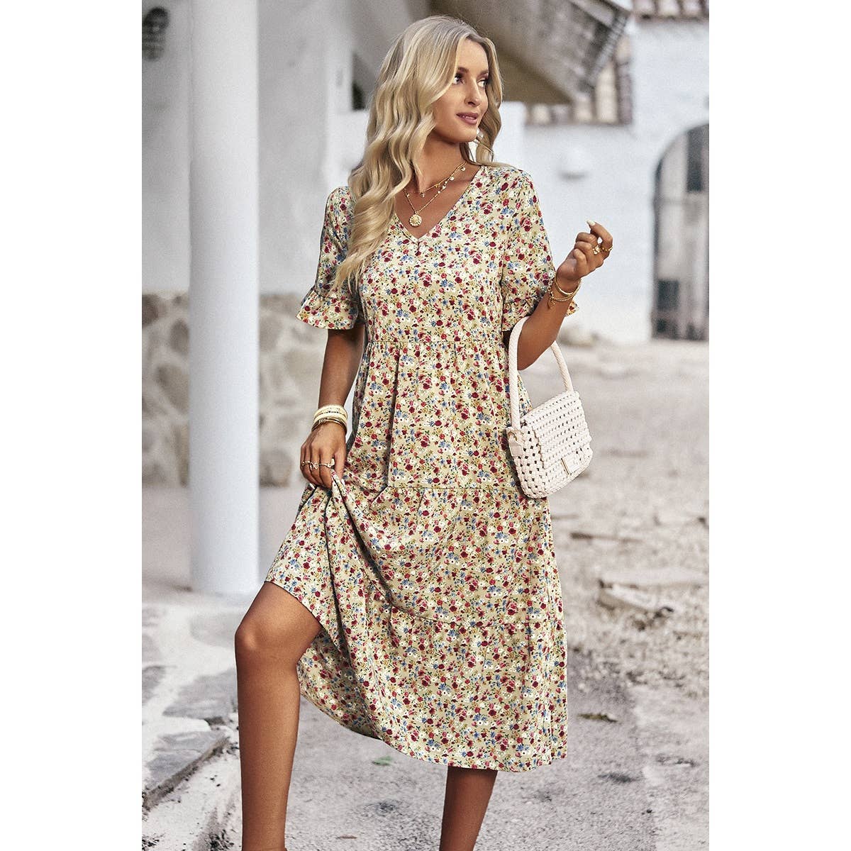 Boho Floral Ruffle Hem V Neck Short Sleeve Dress