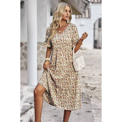 Boho Floral Ruffle Hem V Neck Short Sleeve Dress