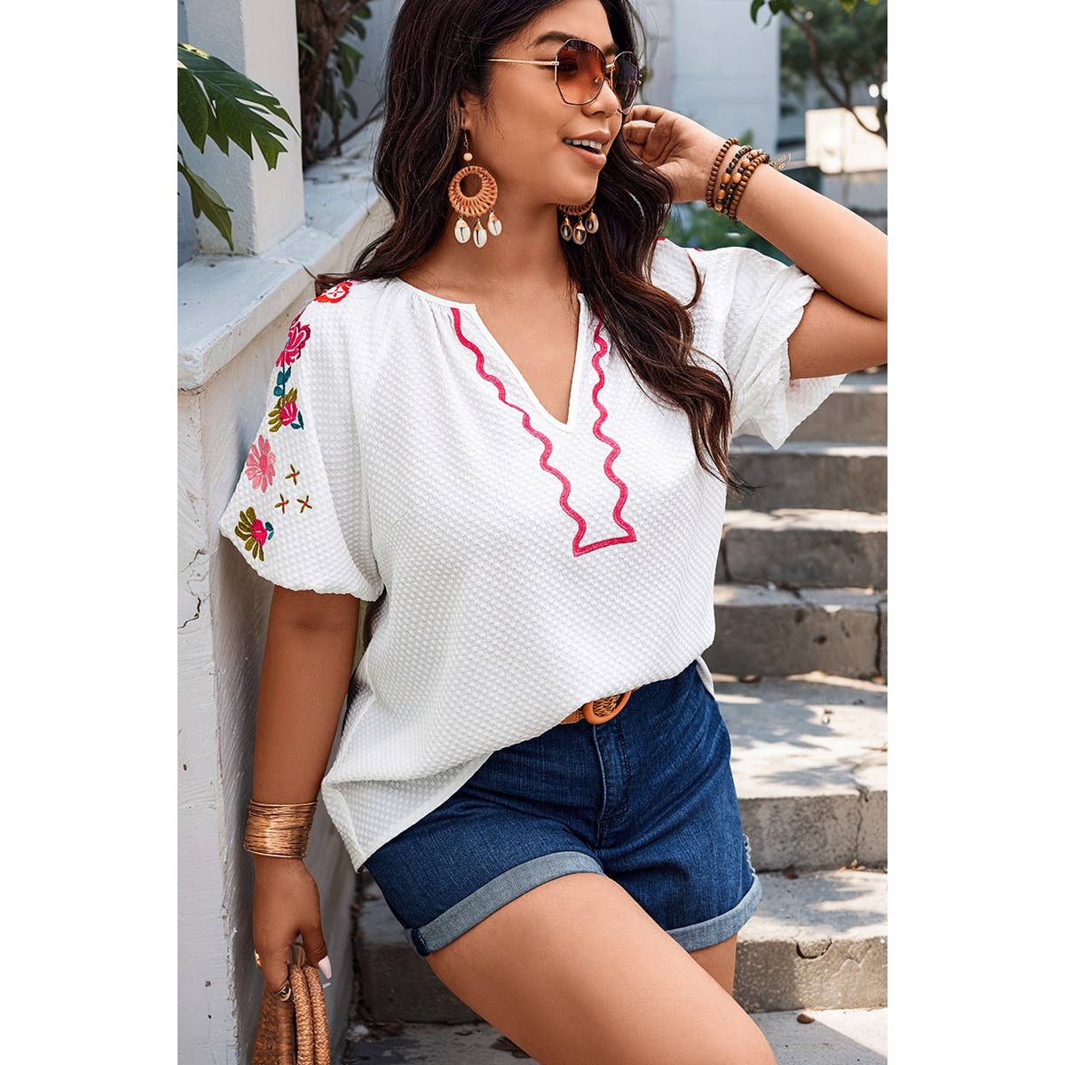 Floral V Neck Ruffle Puff Sleeve Lace Blouse
