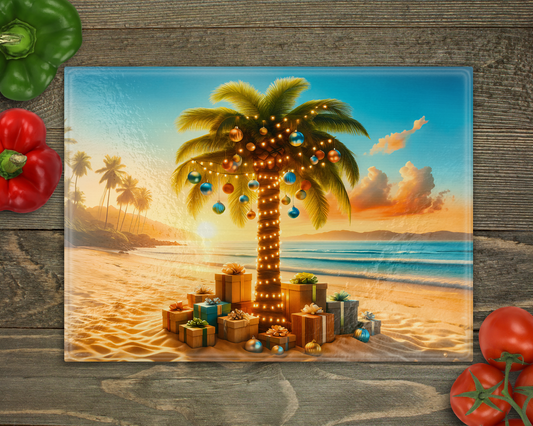 Beach Christmas Glass Cutting Board