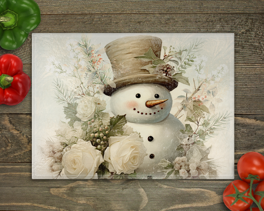Beige Snowman Glass Cutting Board