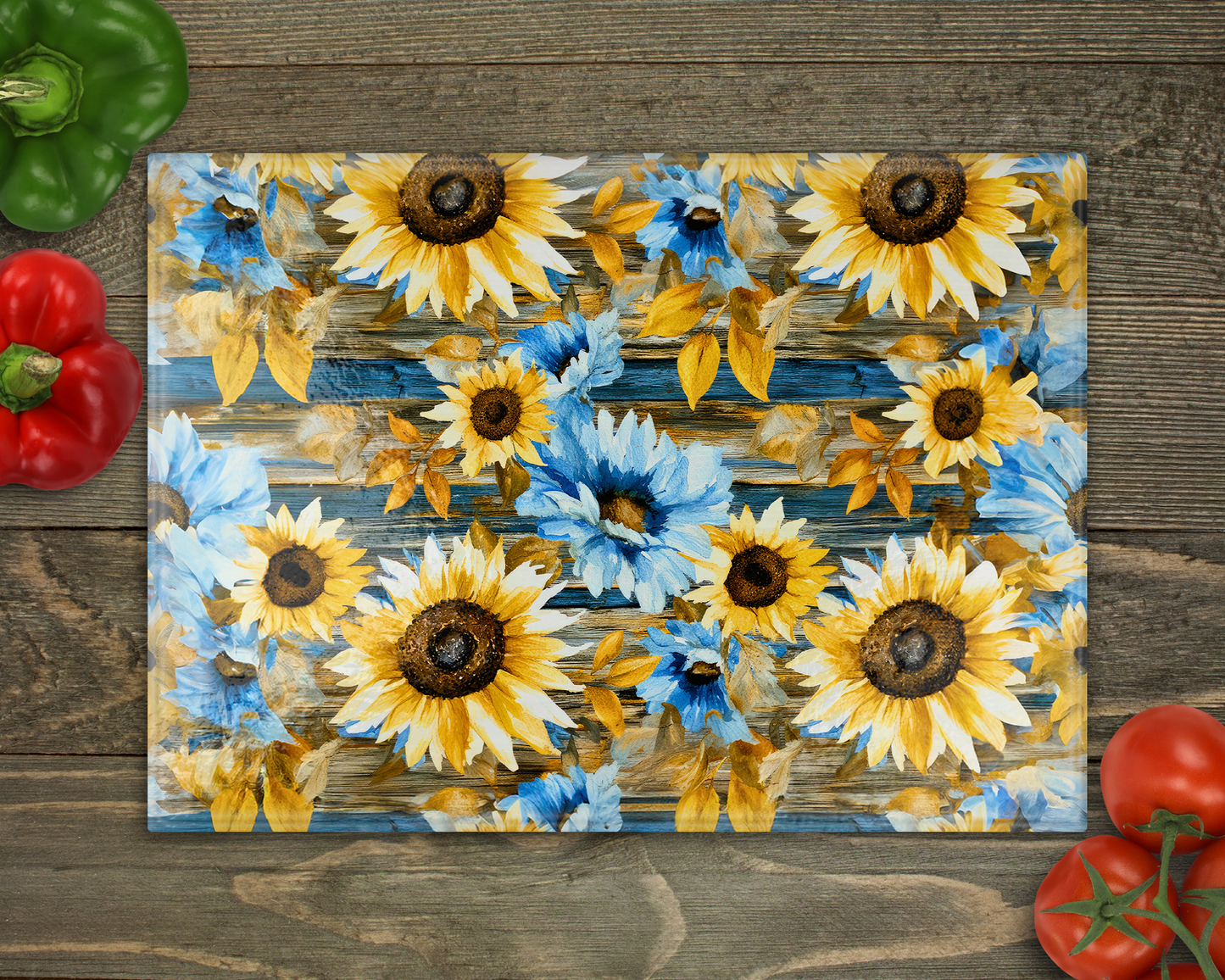 Blue Yellow Sunflowers Glass Cutting Board
