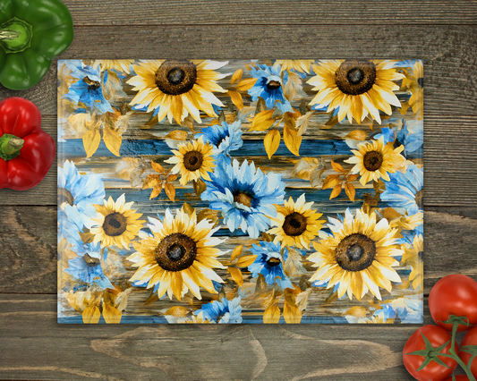 Blue Yellow Sunflowers Glass Cutting Board