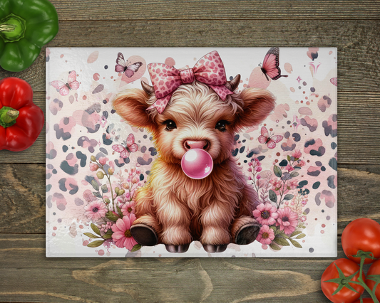 Bubblegum Highland Cow Glass Cutting Board