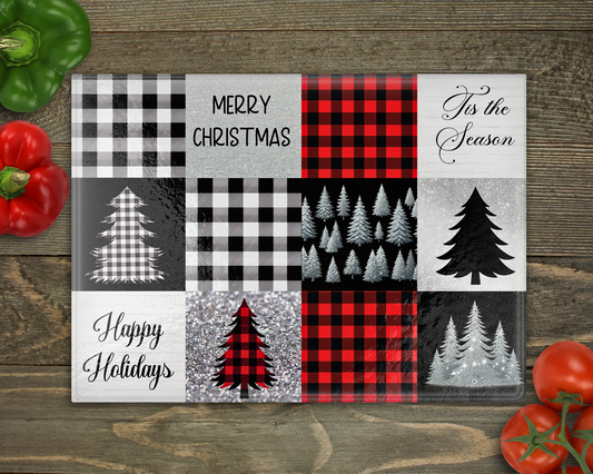 Buffalo Plaid Christmas Glass Cutting Board