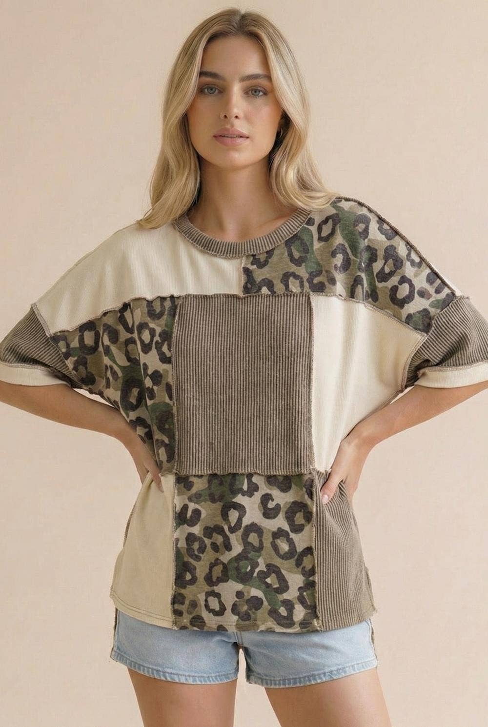 Plus Camo Animal Print Color Block Top