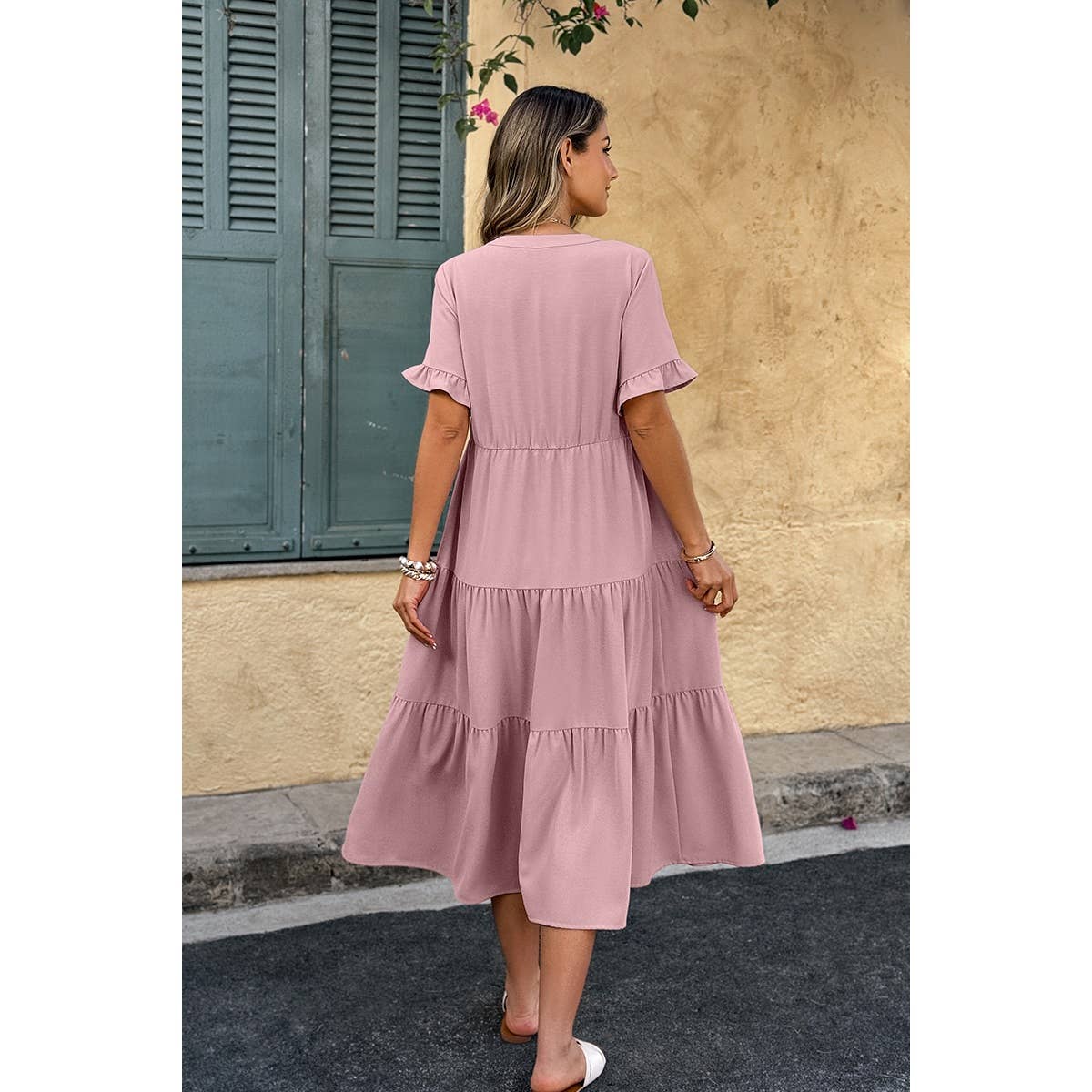 Solid V Neck A Line Ruffle Hem Pleated Dress
