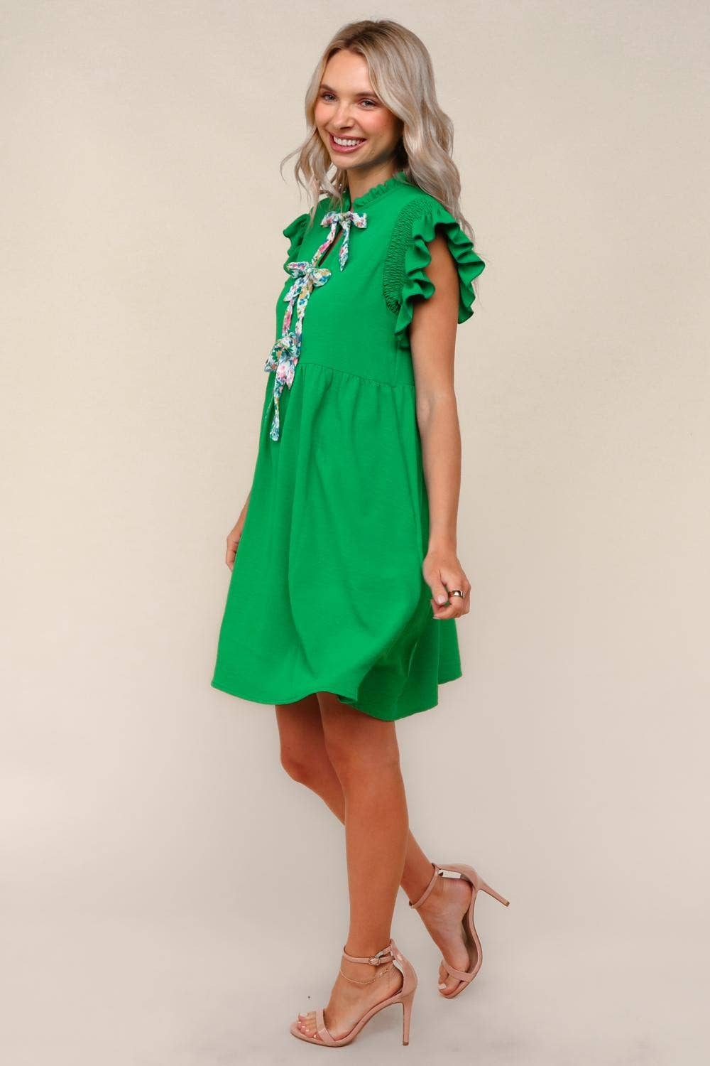 Plus Solid Woven Midi Dress W/ Floral Bow Tie