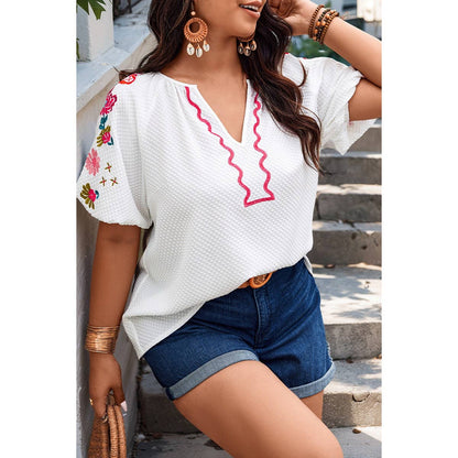 Floral V Neck Ruffle Puff Sleeve Lace Blouse
