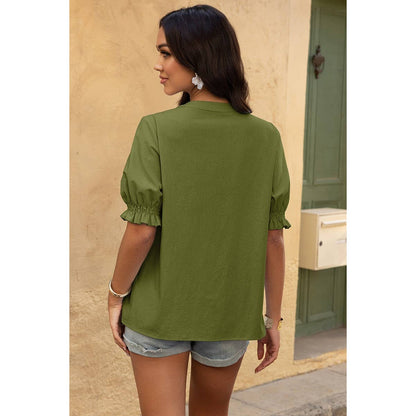 V Neck Boho Puff Short Sleeve Button Down Shirt