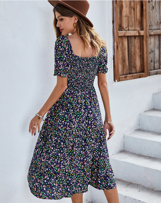 Bohemia Floral Puff Sleeve High Waist Flounce Sleeve Dress