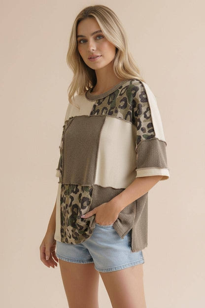 Plus Camo Animal Print Color Block Top