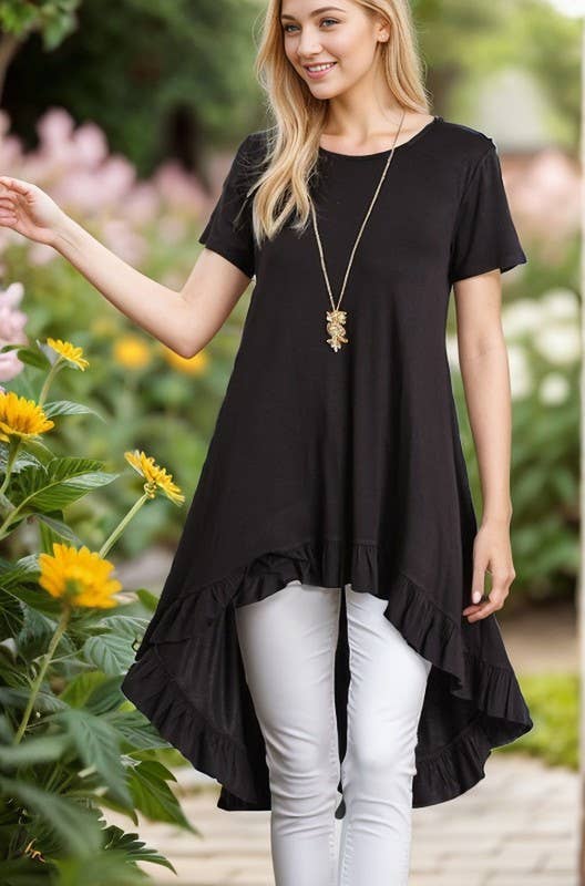 SOLID HIGH LOW TUNIC TOP WITH RUFFLED