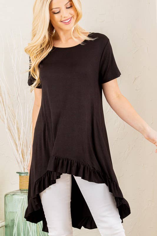 SOLID HIGH LOW TUNIC TOP WITH RUFFLED