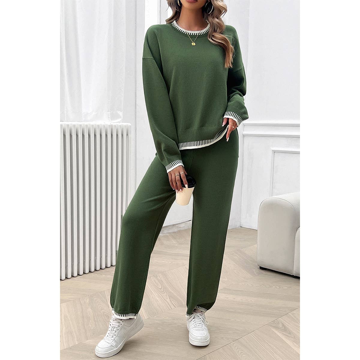 Color Block Round Neck Drop Shoulder Loose Set