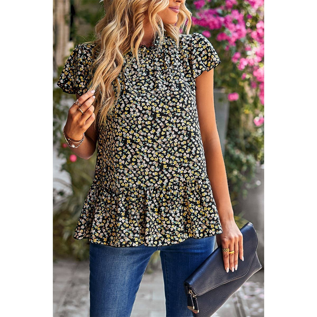 Ruffle Frill Trim Mock Neck Short Sleeve Shirt