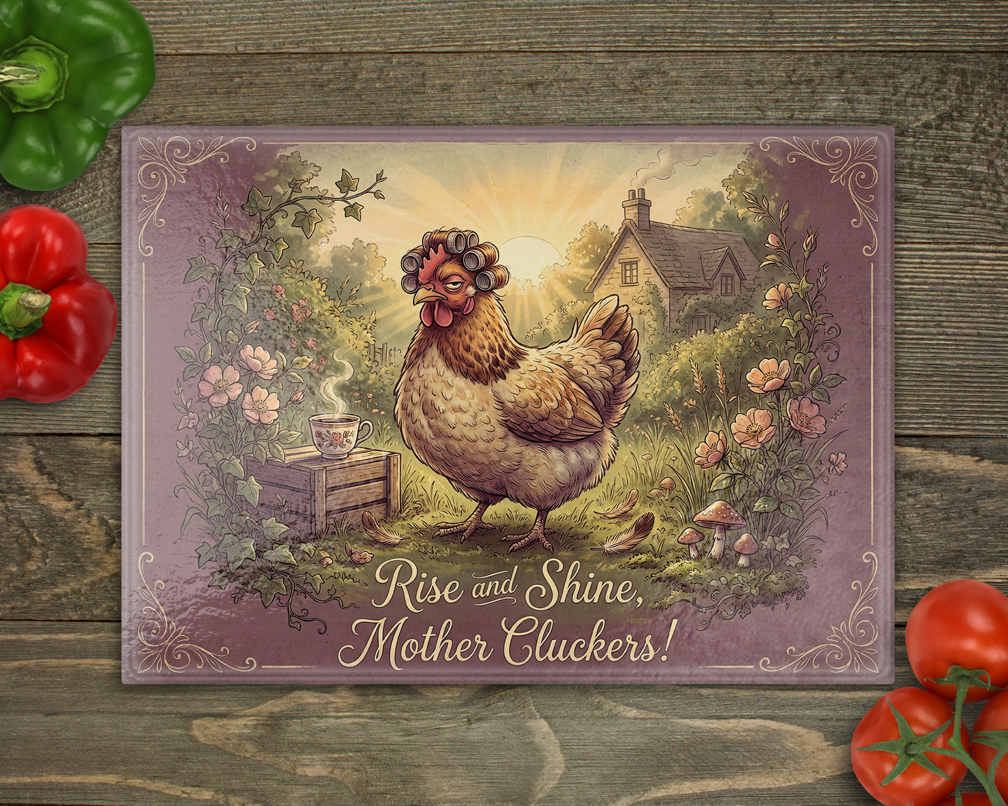 Chicken Rise and Shine Glass Cutting Board