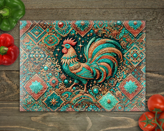 Copper Teal Rooster Glass Cutting Board