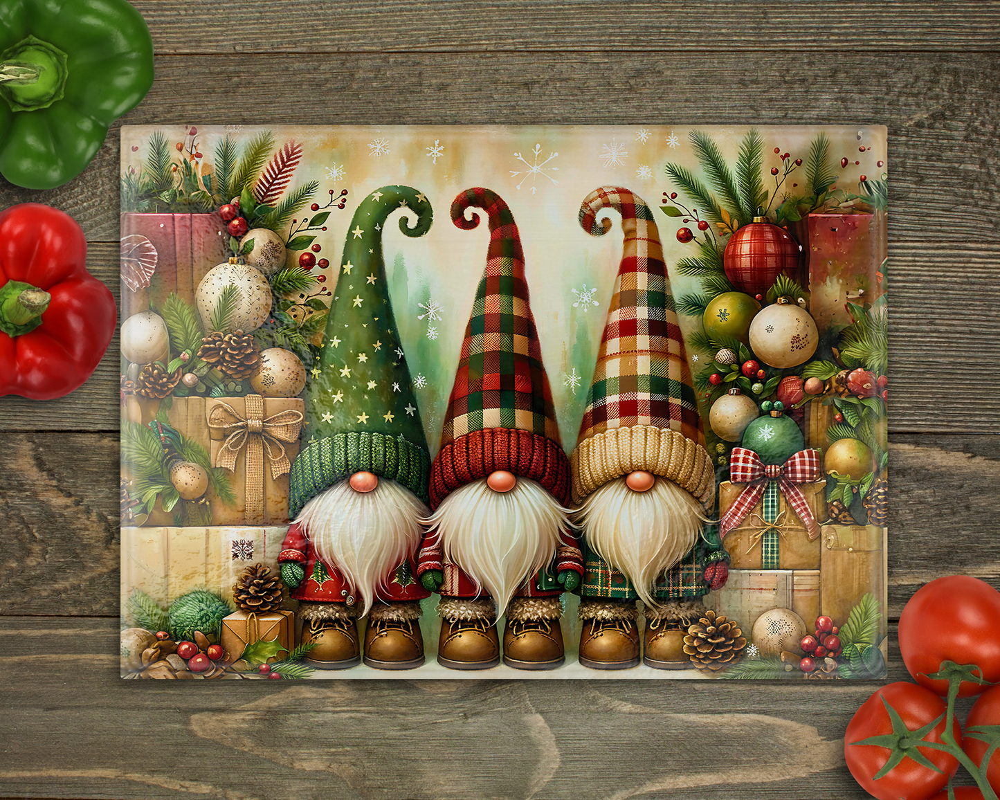 Country Christmas Gnomes Glass Cutting Board