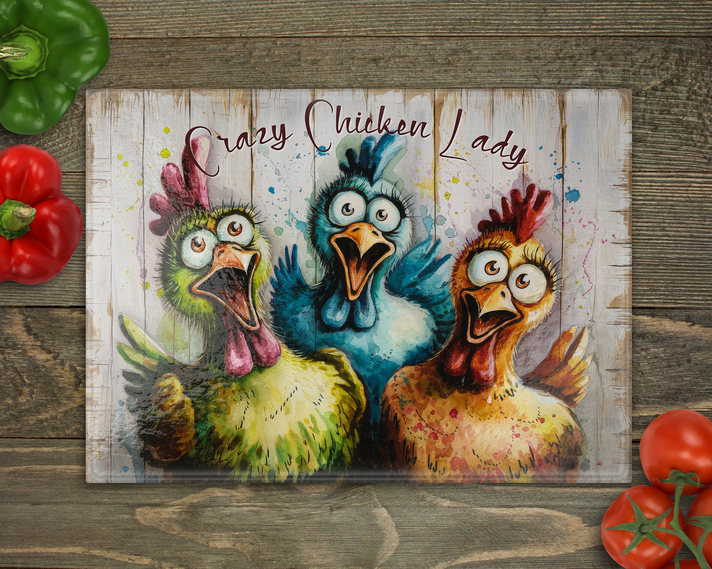 Crazy Chicken Lady Glass Cutting Board
