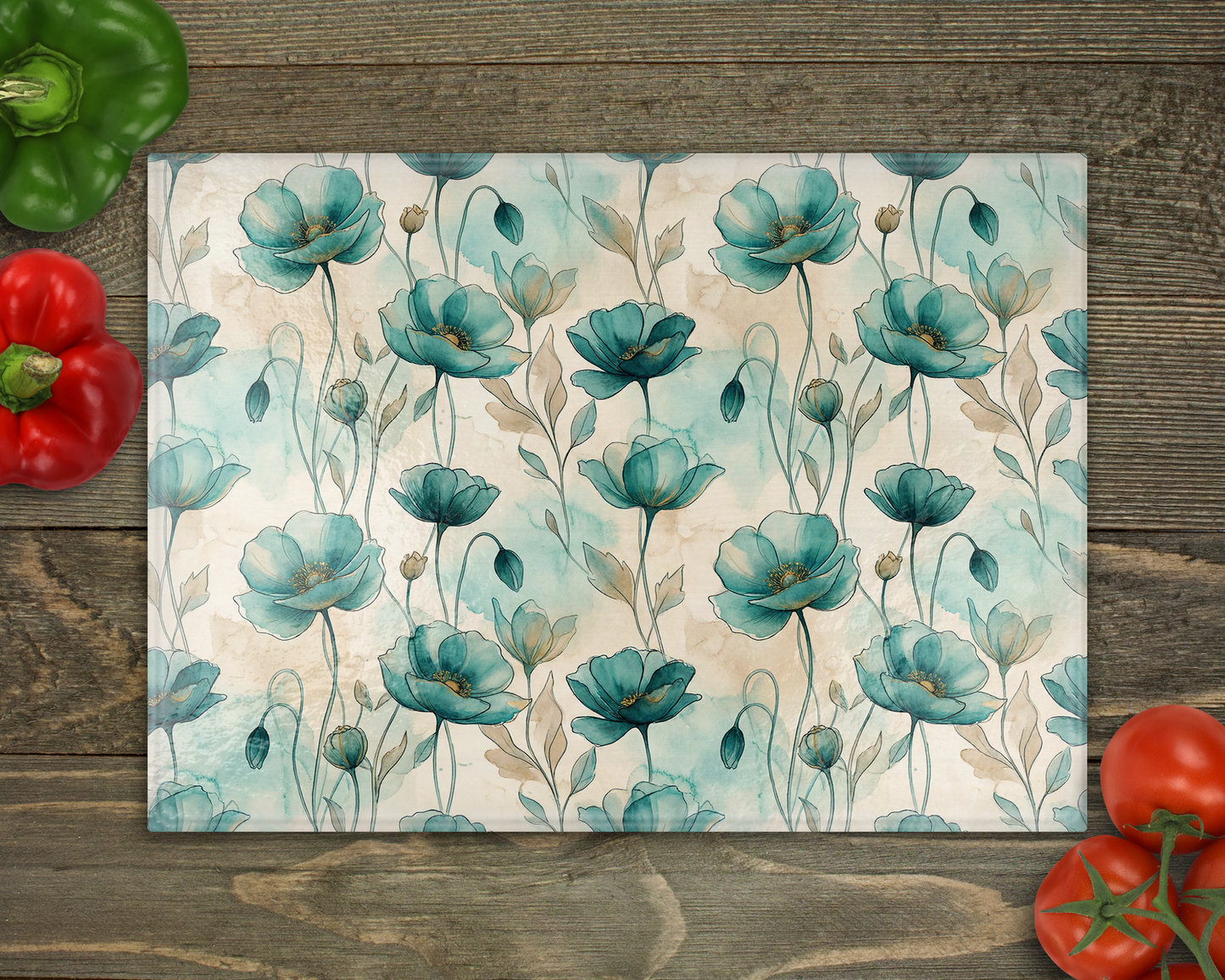 Teal Watercolor Poppies Glass Cutting Board