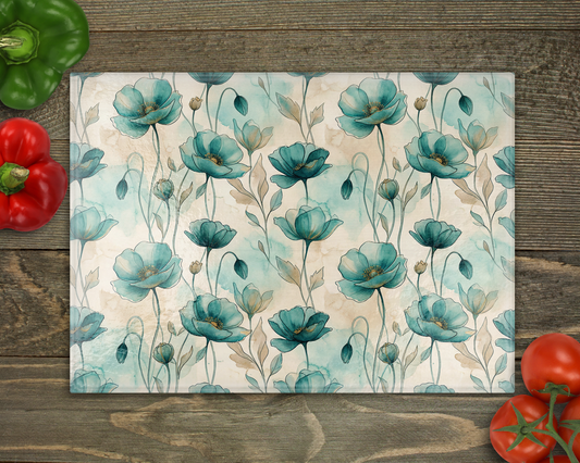 Teal Watercolor Poppies Glass Cutting Board