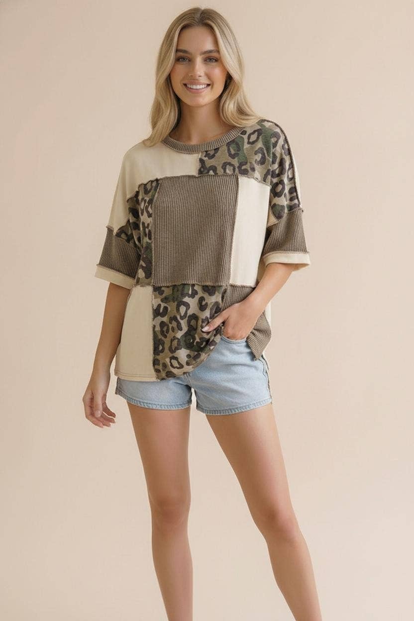Plus Camo Animal Print Color Block Top