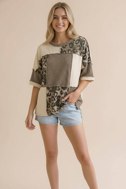 Plus Camo Animal Print Color Block Top