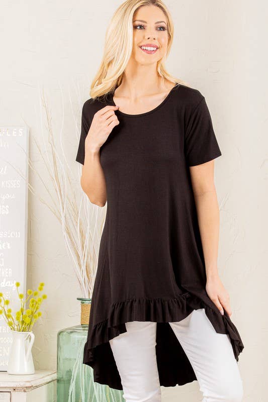 SOLID HIGH LOW TUNIC TOP WITH RUFFLED