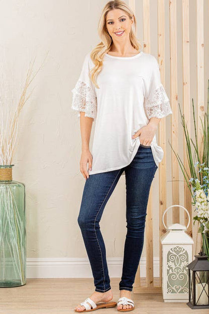 RUFFLED HALF SLEEVE SOLID AND LACE TOP