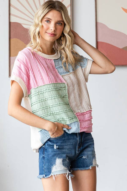 Color Block Textured Patchwork Short Sleeve Top