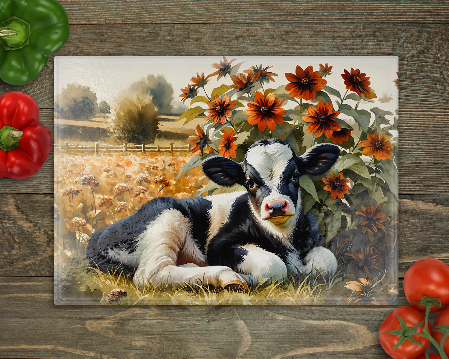 Baby Dairy Cow Fall Glass Cutting Board