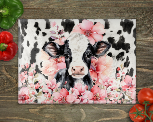 Dairy Cow Pink Flowers Glass Cutting Board