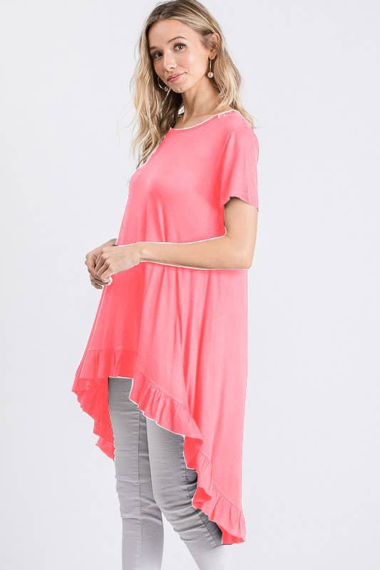 SOLID HIGH LOW TUNIC TOP WITH RUFFLED