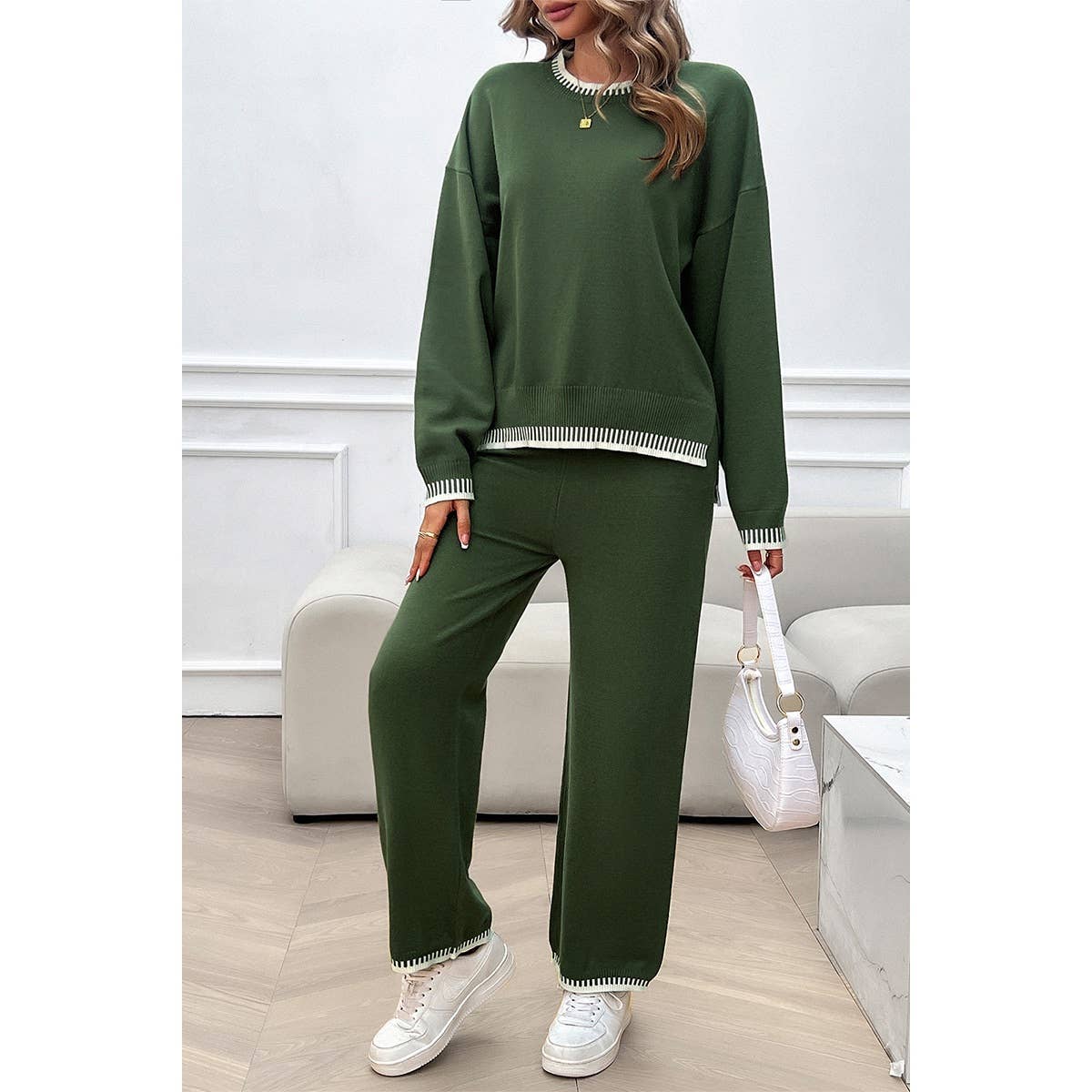 Color Block Round Neck Drop Shoulder Loose Set