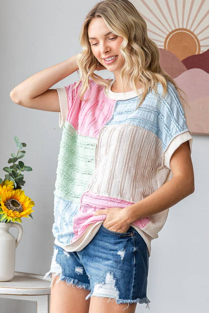 Color Block Textured Patchwork Short Sleeve Top