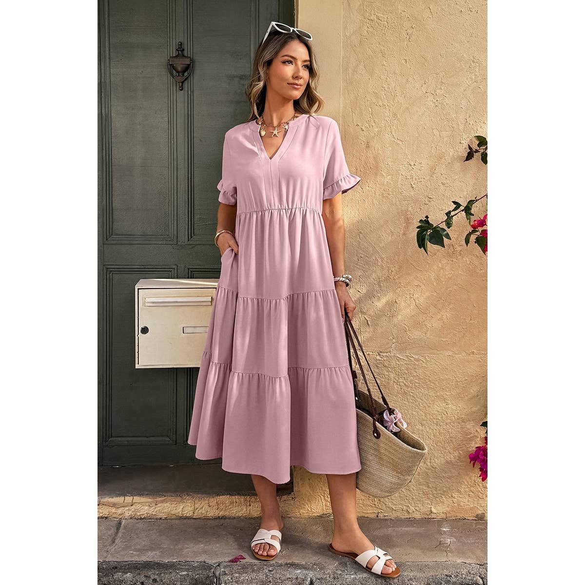 Solid V Neck A Line Ruffle Hem Pleated Dress